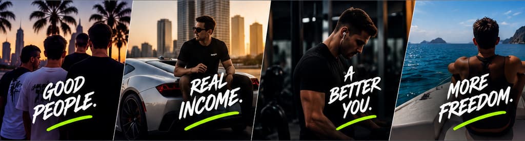 Four lifestyle panels: Good people. Real income. A better you. More freedom.